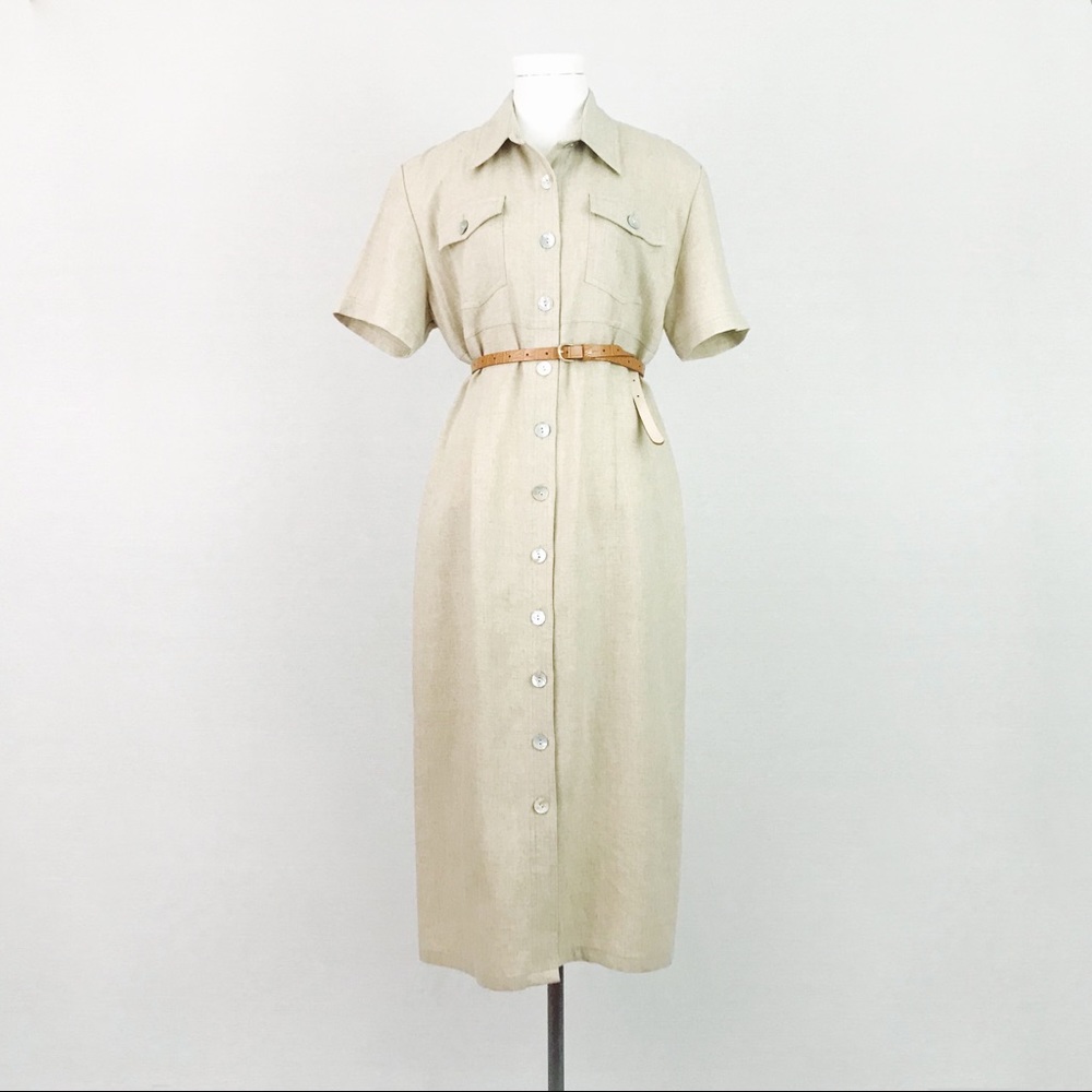Vintage Button-Front Linen Day Dress in Beige | Size 8